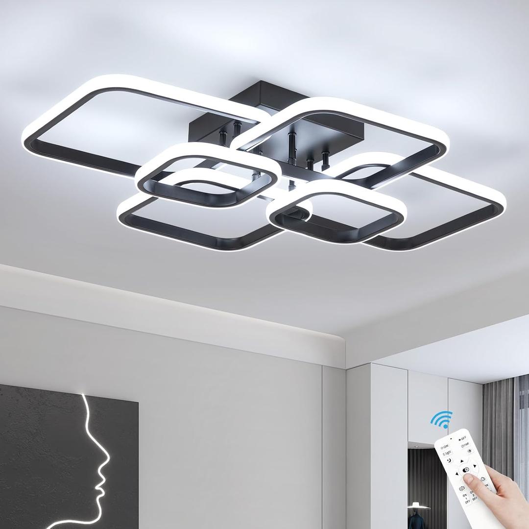 31.5" Modern LED Ceiling Light 6-Square Dimmable Ceiling Light Fixtures with Remote 3000K-6000K Black Close to Ceilings Lamp 60W for Living Room, Bedroom