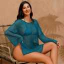 Lilosy Sexy Crochet Sheer Kaftan Caftan Beach Dress Bathing Suit Swim Coverup Summer Vacation Outfits One Piece (Blue), Medium