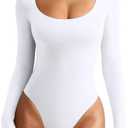REORIA Women's Sexy Basic Scoop Neck Long Sleeve Double Lined Layering Slim Bodysuit Tops Size XL