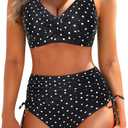 Aqua Eve Women High Waisted Bikini Twist Front Swimsuits Lace up Bikini Tops Ruched Push up 2 Piece Bathing Suits (Small, Black Polka Dot)
