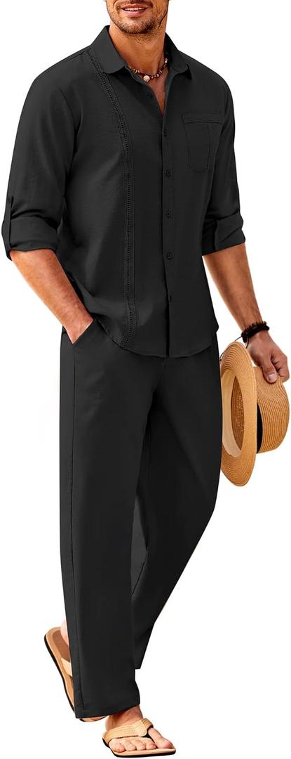 COOFANDY Mens Linen Sets 2 Piece Long Sleeve Button Down Cuban Shirt and Pants Set Summer Beach Set Outfits (Black, S)