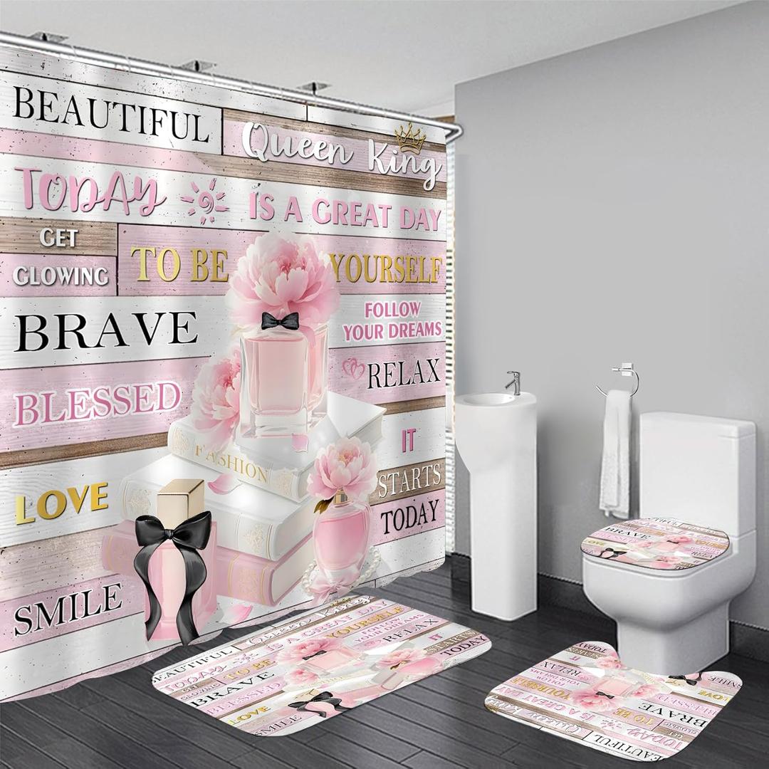 AZHM 4Pcs Shower Curtain Set Pink Fashion Floral Bathroom Decor Inspirational Quotes Bathroom Shower Curtain with Rugs and Accessories Girly Perfume Bathroom Set