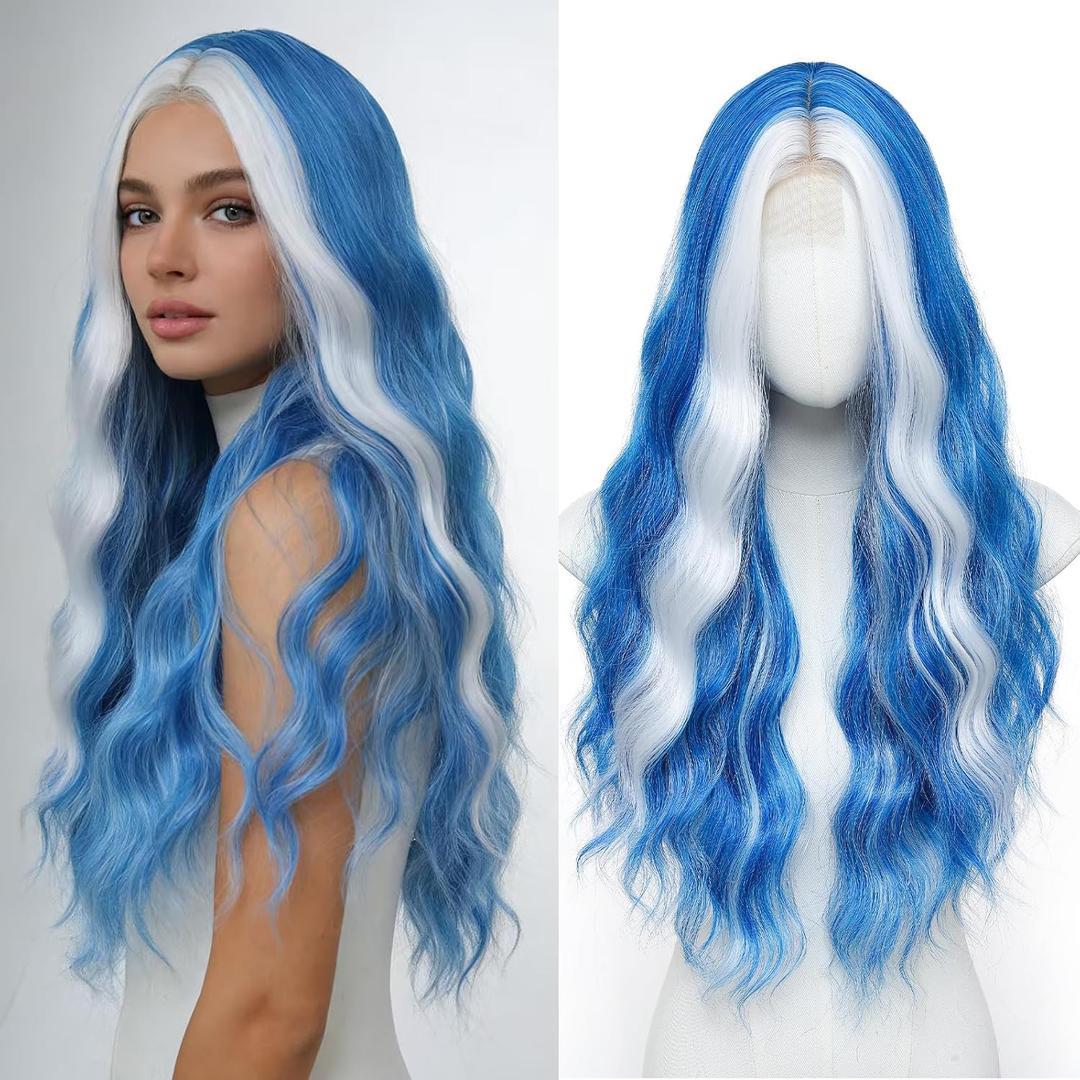 YBYMCAI Blue with White Highlights Wig Long Wavy Wigs for Women Middle Part 26 inch Natural Curly Synthetic Wig Heat Resistant Fiber Wigs for Daily Party Use