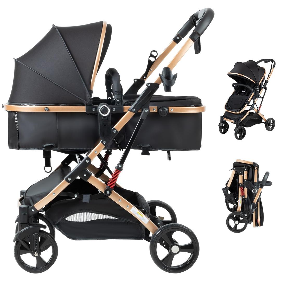 PEARLOVE 2 in 1 Baby Stroller Newborn Foldable Pushchair Folding High Landscape Infant Carriage, Toddler Pushchair Black Baby Stroller
