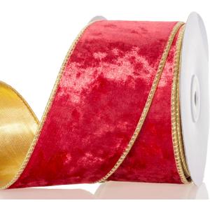 2 1/2 Inch Red Velvet Wired Ribbon  Double-Sided Gold Metallic and Red Velvet Craft Fabric Ribbon, Perfect for Christmas Bows, Gift Wrapping, Home Dcor, 10 Yards/Roll