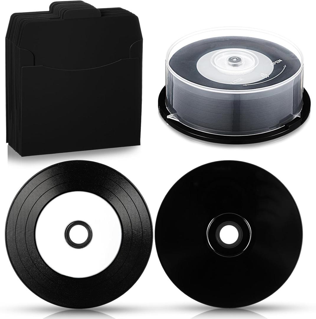 25 Pcs Recordable Blank Media Discs 700MB 80 Minutes 52X with White Inkjet Printable Center and Black Recording Surface for Music Data (with 25 Pcs Kraft Paper Bag)