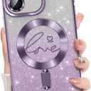 Misscase Magnetic Glitter Case for iPhone 17,Gradient Love Hearts Plating Phone Case Compatible with MagSafe,Built-in Camera Lens Protector,Cute Full Cover Protection Case for Women-Purple