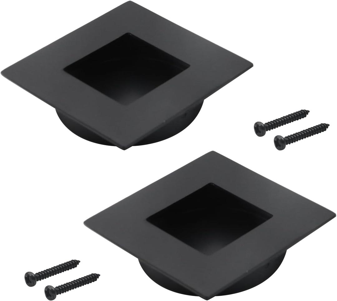 Geesatis 304 Stainless Steel Recessed Cabinet Handles - 2.4"x2.4" Square Finger Pulls for Sliding Doors, Drawers & Wardrobes, Matte Black, Set of 2 (Easy Install, Durable)