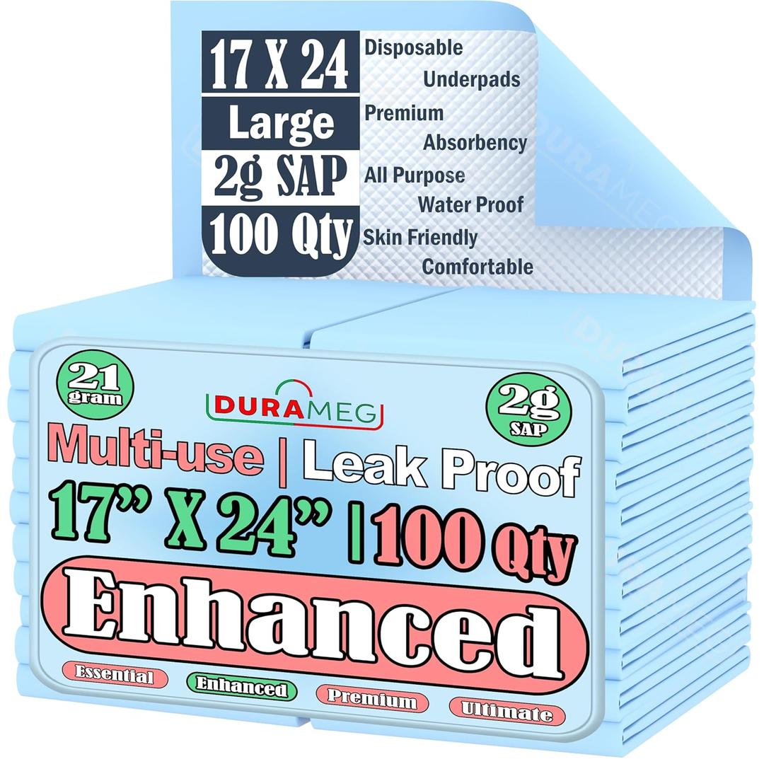 Durameg Chucks Pads 17x24 [100 Pack]  Disposable Blue Underpads with 2g SAP Fluff for Incontinence, Babies, Adults, Elderly & Pets  Leak-Proof, Absorbent Pee & Puppy Pads for Training (17" X 24" [100 Pads])