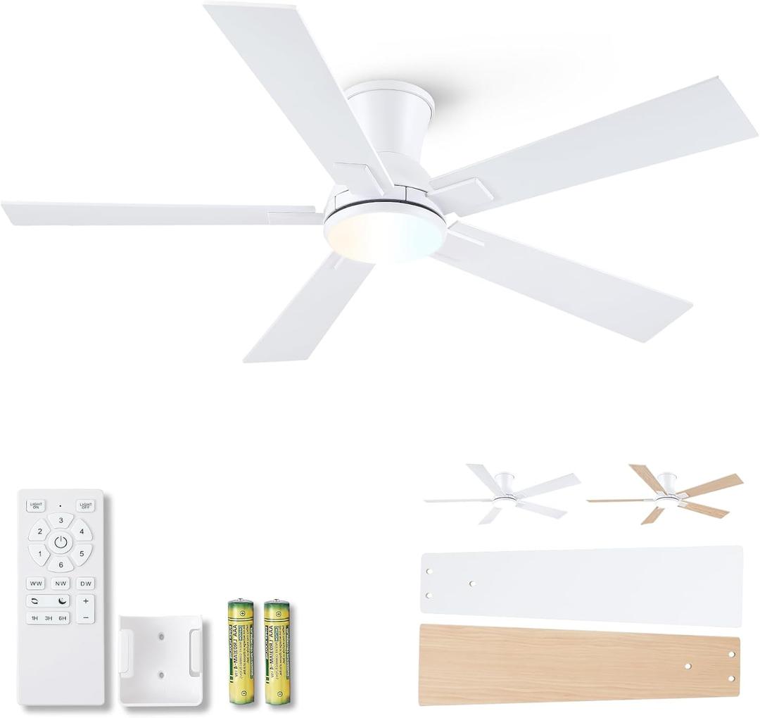 52 Inch White Flush Mount Ceiling Fan with Light, 3CCT Dimmable LED, 6-Speed Remote Control, Reversible Motor,Quiet Low Profile Energy-Efficient for Bedroom & Living Room,ETL Listed