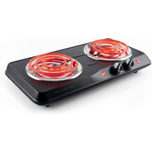 OVENTE Electric Countertop Double Burner, 1700W Cooktop with 6" and 5.75" Stainless Steel Coil Hot Plates, 5 Level Temperature Control, Indicator Lights and Easy to Clean Cooking Stove, Black BGC102B