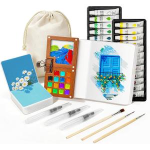 Mini Watercolor Paint Set, Walnut Wood Mini Paint Palette, 24-Colors Pocket watercolor set with Paint Brushes, Sketchbooks & Drawstring Bag, Ideal Paint Kit for Artists & Beginners