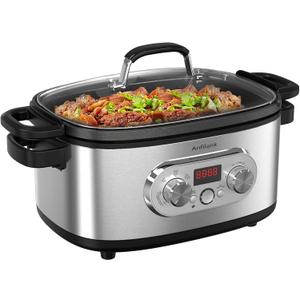 10-in-1 Programmable Slow Cooker with Timer, 6.8 Quart Crock Pot, Presets to Sous Vide, Bake, Saut, Cook Rice& More, Nonstick Dishwasher-Safe Pot, Adjustable Temp&Time, Stainless Steel