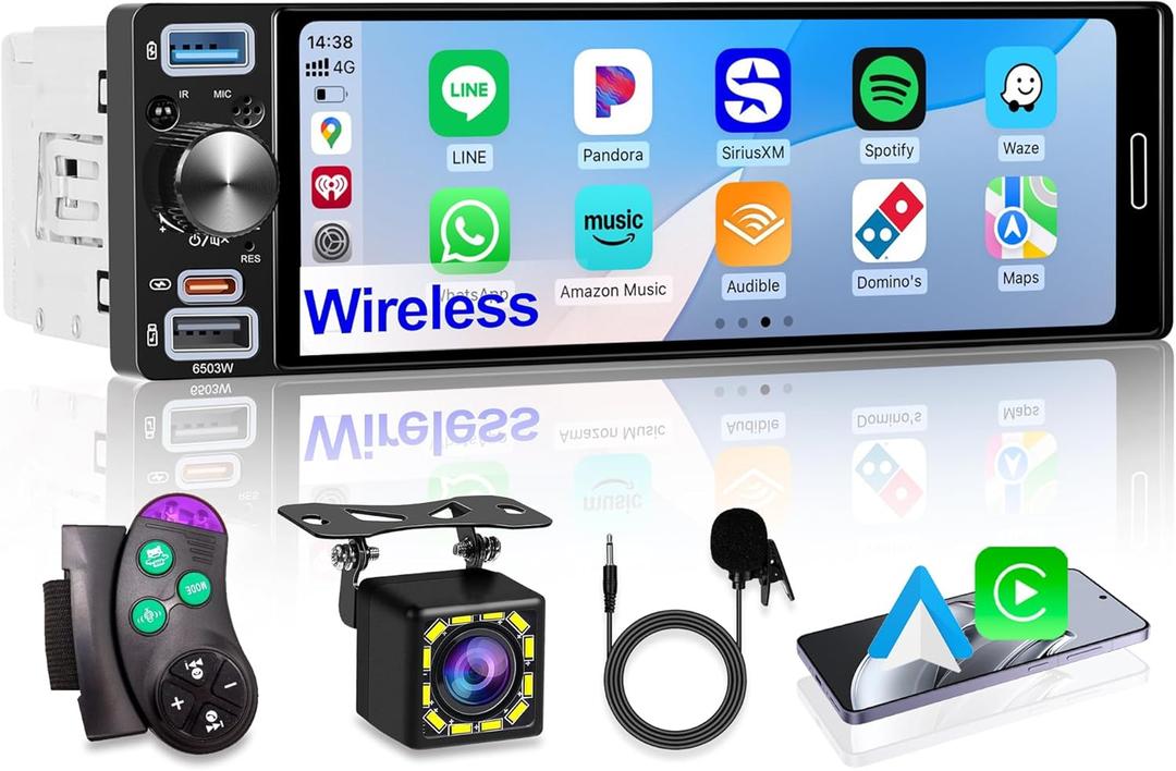 6.5" Single Din Car Stereo, Wireless Apple CarPlay Android Auto, Car Bluetooth 5.2, Car Radio with HD In-Cell IPS Touchscreen,FM/AM/RDS, Dual USB Type-C, HD Backup Camera, 180W Audio Output, Subwoofer