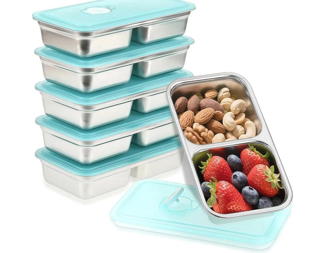 Stainless Steel Snack Containers, 6-Pack Reusable Grab and Go Containers with Lids, Dual Compartment Bento Box for Travel, Camping & Lunch Prep