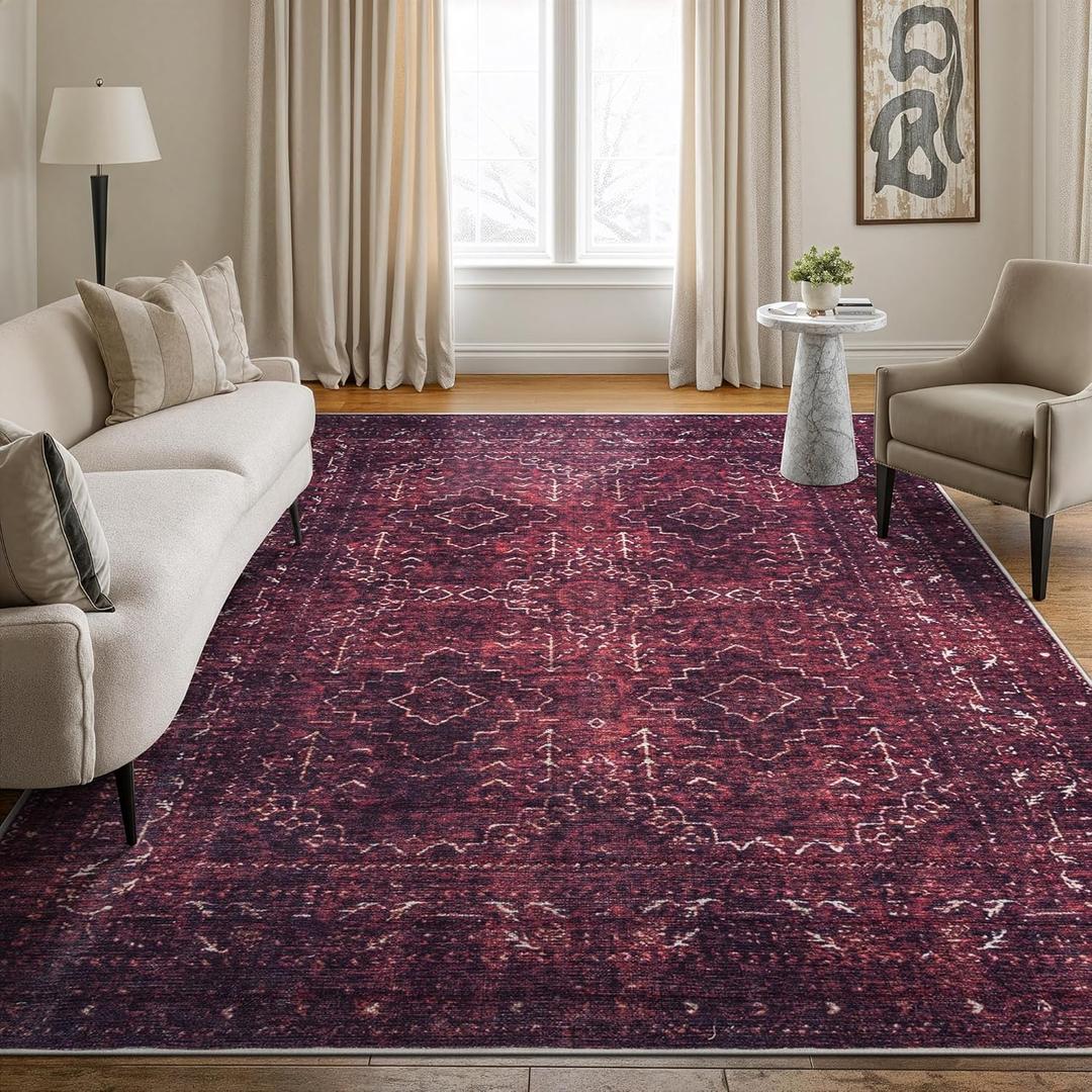 Bloom Rugs Washable Non-Slip 6' x 9' Rug - Dark Red Traditional Bordered Area Rug for Living Room, Bedroom, Dining Room, and Kitchen - Exact Size: 6' x 9'