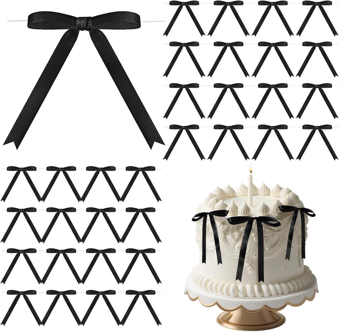 Riceshoot 50 Pcs Twist Tie Bows for Cake 3x4.5 Inch Satin Ribbon Bows for Gift Wrapping Treat Bags Craft DIY Wedding Baby Shower Birthday Party Decorations(Black)