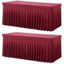 2 Pack Burgundy Spandex Table Clothes for 6 Foot Rectangle Tables, Wrinkle Free Fitted Table Cover 6ft Maroon Stretch Tablecloths with Skirt for Parties Weddings Birthday Banquet Baby Shower