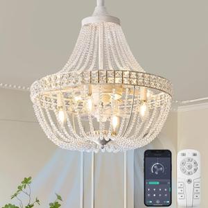 Vintage Empire Crystal Chandelier Fan with 64 Bead Strands, 7 Blades Invisible Fan, Remote/APP Controlled Ceiling Fan for Living Room, Bedroom, Dining Hall (White Gold, 20'' Rustic Style)