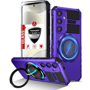 IYTRRYH for Samsung Galaxy S24 Plus Case Magnetic Compatible with Wireless Charging,Phone Case with Screen Protector,Built-in Kickstand Ring Military Grade Drop Shockproof Heavy Duty Protection Purple