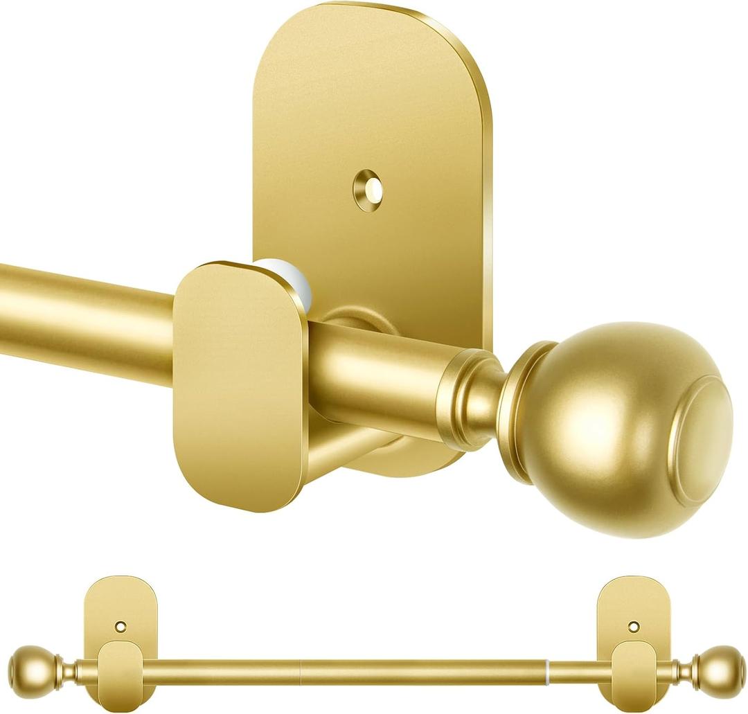 Gold No Drill Curtain Rods for Windows 48 to 84 inch, USFOOK 5/8 Inch Curtain Rods No Drilling with 3M Adhesive Holders, Apartment Friendly Drapery Rod with Round Finials
