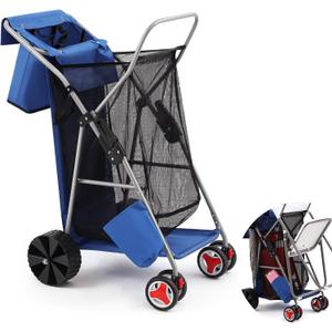 DoubleFill Beach Cart with Big Wheels for Sand Foldable Beach Buggy Wide Wheel Storage Wagon Lightweight Rust Free Aluminum Frame with Body Board Holder Removable Tote for Most Terrain