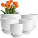 GARDIFE Plant Pots 10/9/8/7.5/7 Inch Plant Pots, Set of 5 Plastic Planters with Drainage Holes and Saucers,Plastic Flower Pots,Nursery Planting Pot for Indoor Out Door Plants (White)
