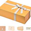 LIFELUM Gold Gift Boxes with Lids,1 Pack 13.85 x 8.35 x 4.45 inch Gift Box with Ribbon, Card, Shredded Paper Filler Gift Box for Valentine's day,Christmas,Birthdays, Bridal Gifts,Weddings