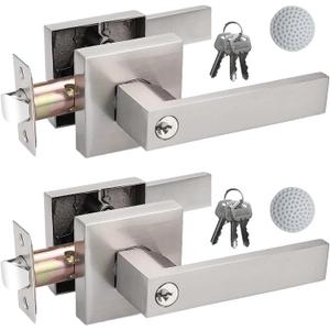 2 Pack Door Handle Heavy Duty, Keyed Alike Entry Door Lever, Door Knobs with Lock and Key (Different Keys), Square Door Lever in Satin Nickel for Bedroom, Bathroom and Front Door