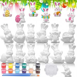 RoundFunny 12 Pcs Easter Ceramic Painting Kit Ready to Paint Your Own Bunny Statues Bulk 3D Hanging Bunny Ornament Kits for Easter Basket Stuffers Party Favors DIY Arts Project Decor