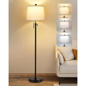 Black Floor Lamps for Living Room Adjustable Height Standing Lamp Modern Tall Pole Lamps for Bedroom Office with White Linen Shade 3 Color Temperature 9W LED Bulb Included