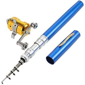 Jatzde Mini Portable Pocket Fish Rod Pen Aluminum Alloy Fishing Rod Pole Reel Combos (Blue)