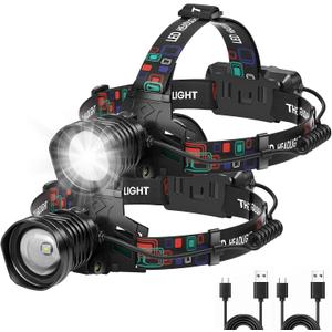 azamine Rechargeable Headlamp Super Bright 99000 Lumens, 2Pack LED Head Lamp with 3 Modes, 90 Adjustable Head Lights for Forehead, IPX6 Waterproof HeadLamps for Adults Camping Hunting Hiking