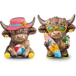 Bucherry 2 Pcs Summer Highland Cow Figurines Wooden Beach Gnomes Statue Calf Lovers Gifts for Home Garden Kitchen Office Tiered Tray Table Decor(2 Pcs, Summer Highland Cow)