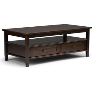 SIMPLIHOME Warm Shaker Coffee Table - 48 inch Wide Solid Wood Coffee Table in Tobacco Brown, Transitional Living Room Table with 2 Drawers, Open Shelf, Shaker Fronts and Tapered Legs