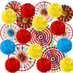 Outus 21 Pcs Carnival Party Decorations with Circus Hanging Paper Fans Red Yellow Blue Paper Pom Poms Tissue Flowers for Ceiling Wall Carnival Circus Theme Birthday Baby Shower Party Favors Supplies