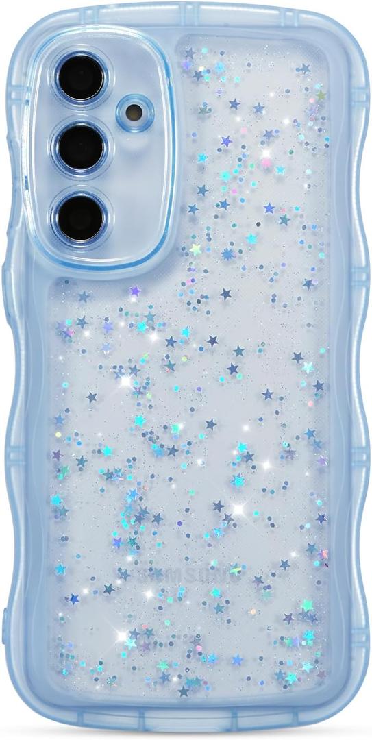 ZTOFERA for Samsung Galaxy A14 4G/5G Case 6.6",Cute Curly Wave Case with Star Glitter,Clear Shiny Bling Soft TPU Shockproof Phone Protective Cover for Women Girls-Blue
