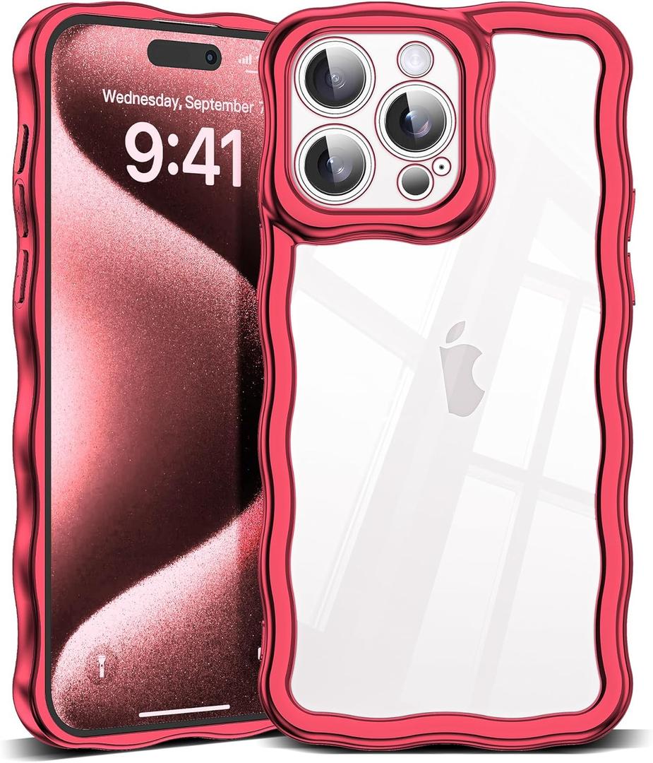 SKYLMW Compatible with iPhone 15 Pro Max Case, Kawaii Cute Curly Wave Frame Luxury Plating Edge, Stylish Glossy Clear Back, Soft TPU Shockproof Protective Cases for iPhone 15 Pro Max, Red