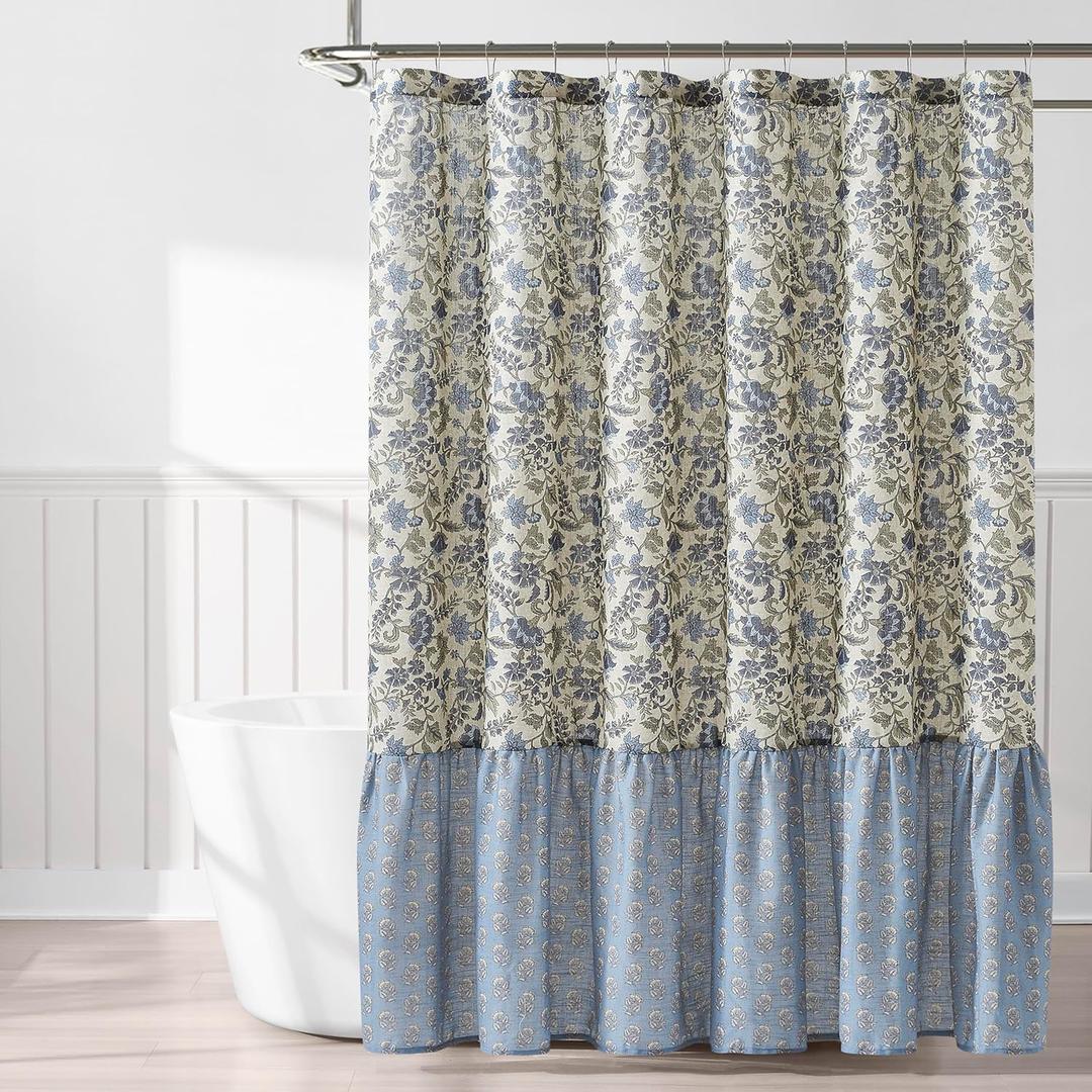 Lush Decor Lillian Block Print Linen Textured Shower Curtain Single 72" W x 72" L Blue & Sage - Vintage Floral Shower Curtains - Ruffled Bath Curtain