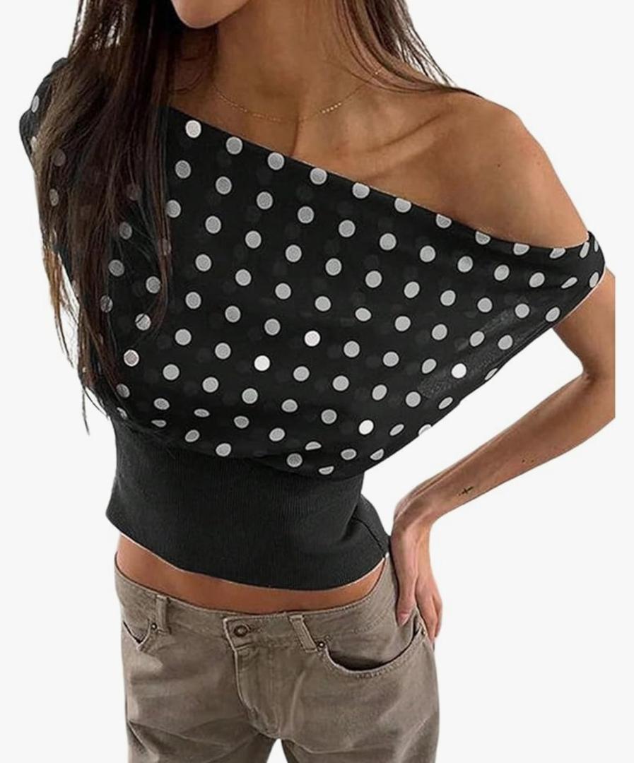 Milumia Women's Polka Dots Off Shoulder Crop Tank Tops Y2K Cap Sleeve Ruched Going Out T-Shirts, Medium
