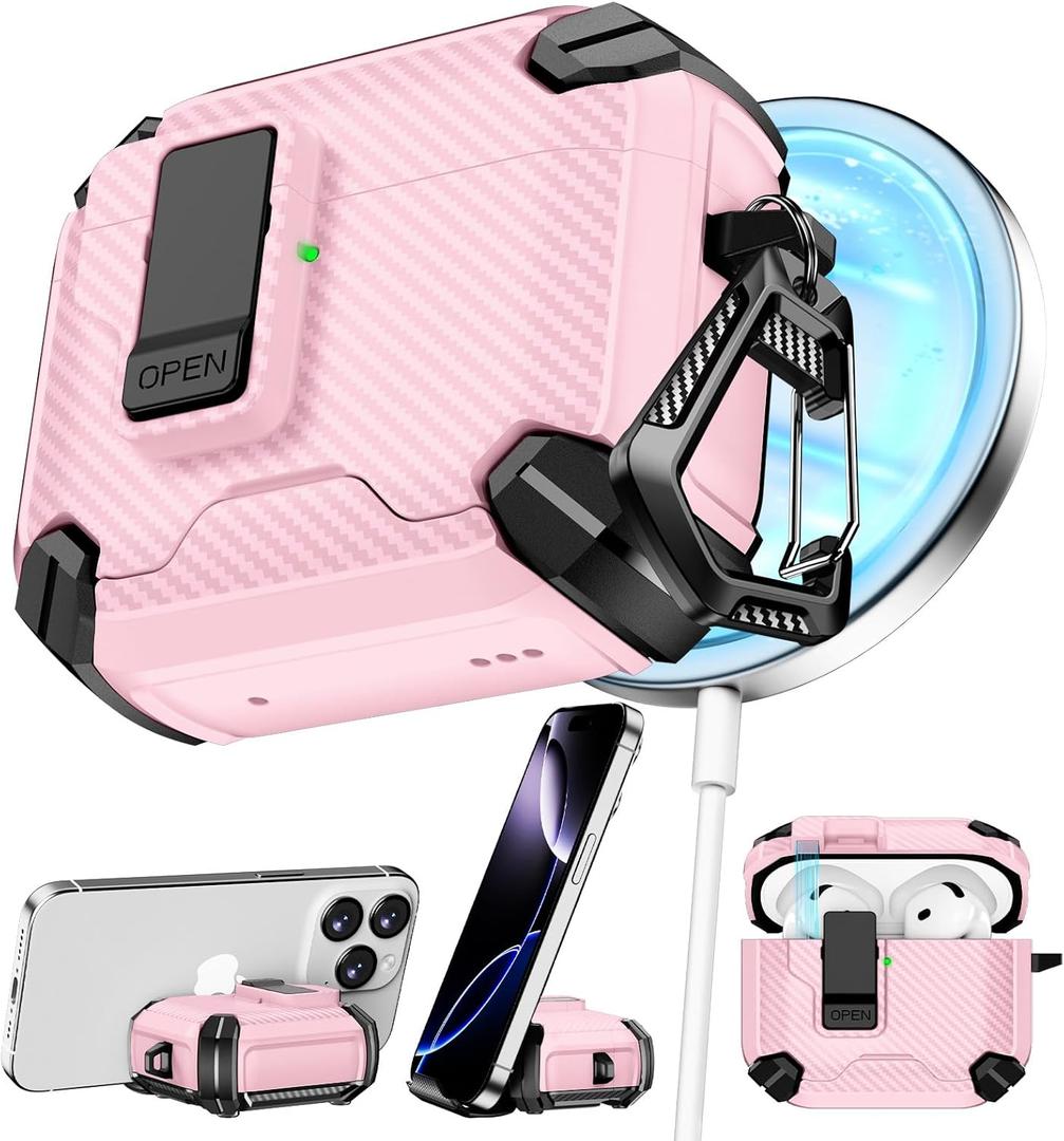 Pohgelan Compatible with AirPods 4 Case,Magnetic Automatic Lock with Phone Stand & Cleaning Kit,Compatible with Magsafe,Carbon Fiber Texture Cover -Pink