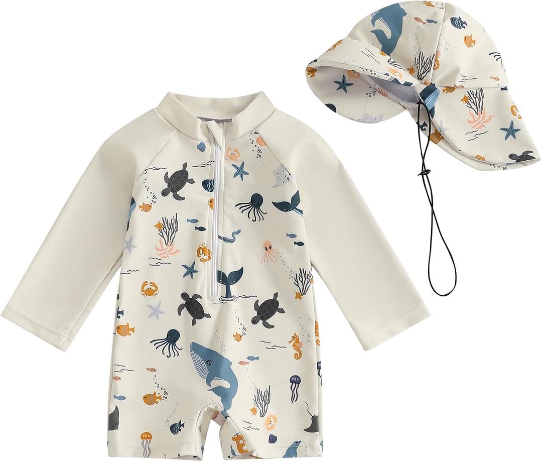 Hnyenmcko Baby/Toddler Boy Rash Guard Swimsuit Long Sleeve One Piece Zipper Swimwear Sunsuit Infant Bathing Suit Beachwear (12-18 Months, Animal-beige)