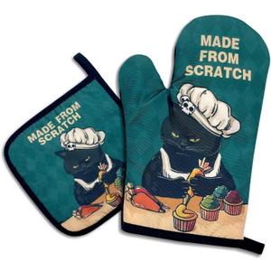 Made from Scratch, Funny Oven Mitts and Pot Holders, Silicone Non-Slip Oven Mitts, Cat Lover Gift, Cat Mom, Cooking Baking BBQ Gifts