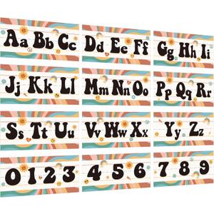 2 x 12Pcs Retro Classroom Alphabet Number Bulletin Board Set, Groovy ABC Alphabet Card and 0-9 Number Posters Decor with Glue Point for Preschool Kindergarten Classroom and Teachers Wall Decorations