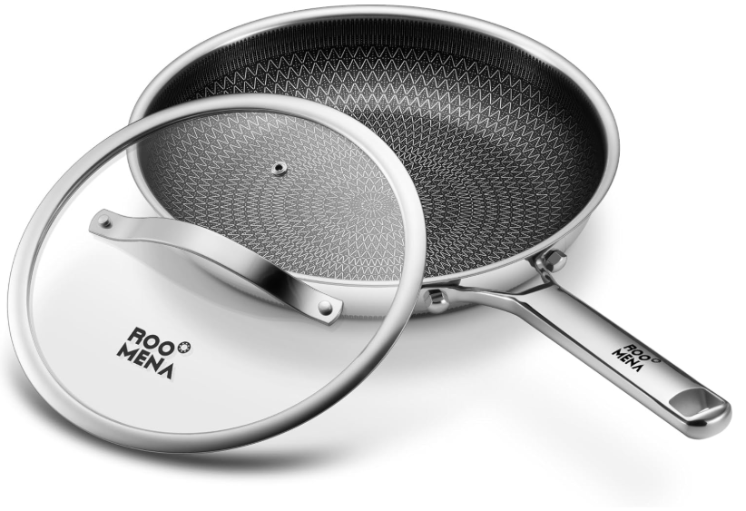 Roomena Non Stick Frying Pans Hybrid Ceramic With Lid, 12 Inch TriPly Stainless Steel Skillet, NonToxic, PFAS/PFOA/PTFE Free, Metal Utensil Safe, Dishwasher & Oven Safe,Induction Compatible