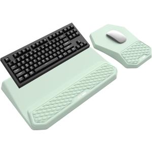 3-in-1 Ergonomic Keyboard Stand with Wrist Rest & Mouse Pad Set, Comfy Keyboard Riser Holder Soft Mousepad with Massage Design, Memory Foam and Non-Slip PU Base for Pain Relief, Light Green