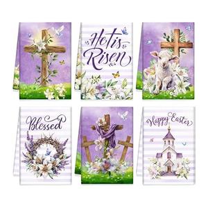 Patelai 6 Pack Easter Hand Towels He is Risen Tea Towel Religion Cross Happy Easter Purple Hand Holiday Decorative Gifts for Spring Home Housewarming Gift