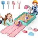 Sandbox with Lid, Kids Construction Sand Box with Excavator, Crane, Molds for Sensory Play, Toddler Outdoor Indoor Toys for Boys Girls Ages 3+ (Pink)