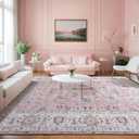 8x10 Pink Washable Area Living Room Rugs, Bedroom Rugs Non Slip Vintage Neutral, Oriental Floral Carpets Modern Stain Resistant Low Pile Thin Soft Dining Room Office Rug