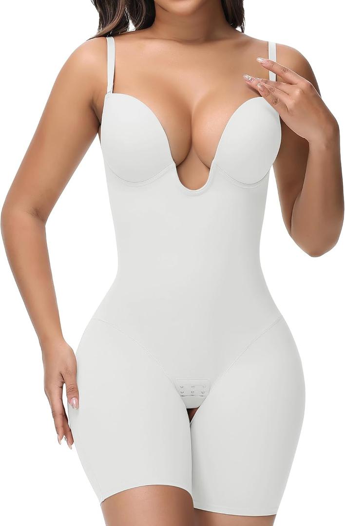 SHAPSHE Backless Shapewear Strapless Deep U Plunge Bodysuit for Women Built In Bra Tummy Control Low Back Body Shaper, XS